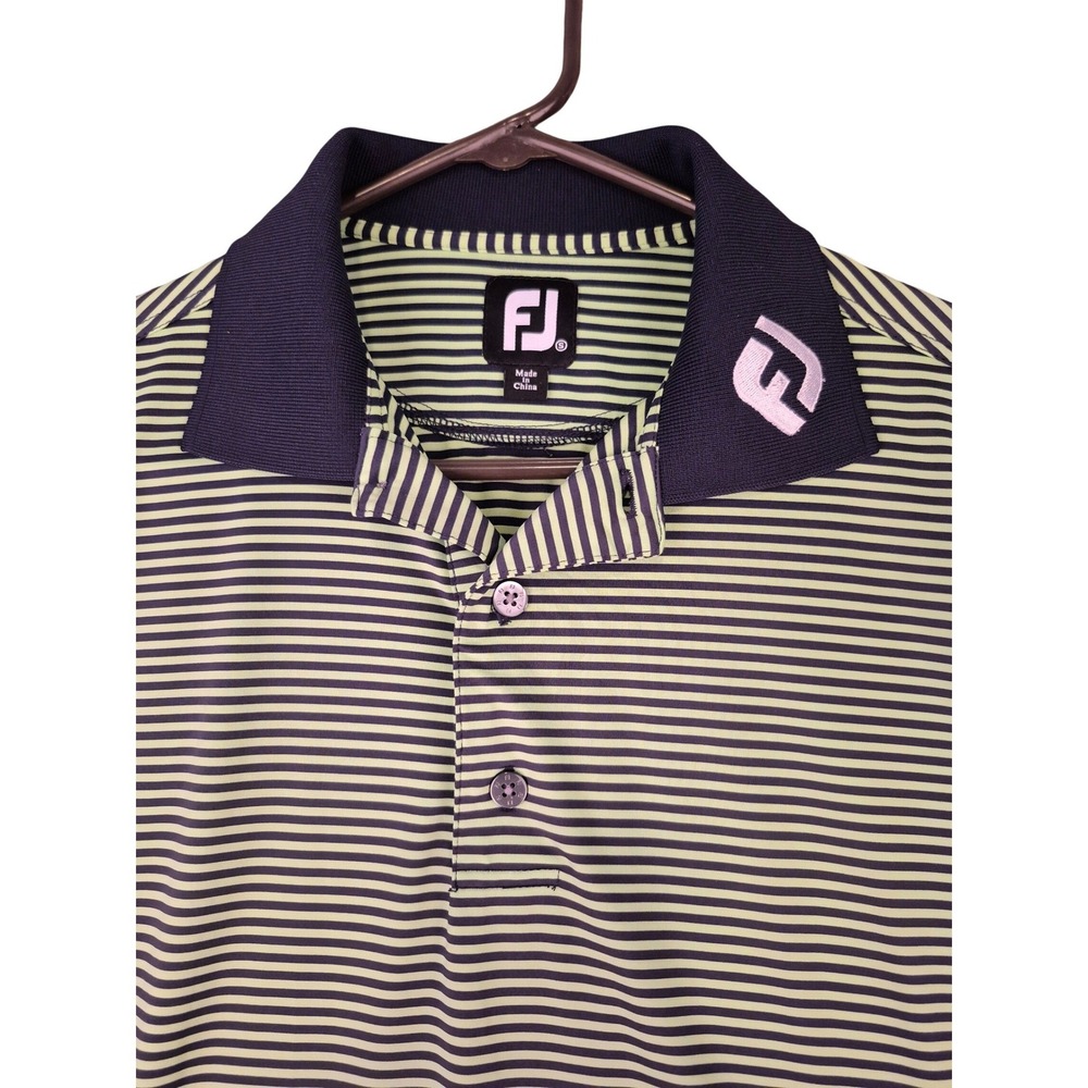 FootJoy Mens ProDry Golf Polo Shirt Striped Lime Green Navy Blue Small FJ Logo